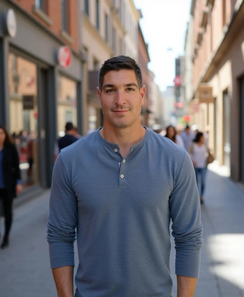 Brett Harper, founder of WeLaunch Digital Solutions, standing confidently on a city street, representing innovation in web development, SEO, and digital marketing.