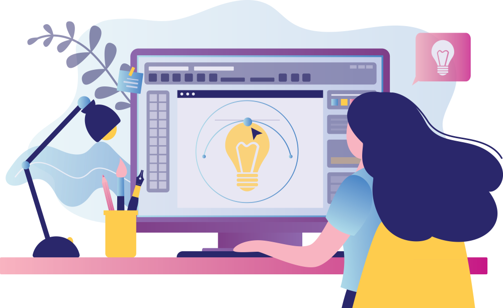 Illustration of a designer working on a creative project at a computer, crafting a lightbulb graphic, symbolizing innovation in digital and graphic design.