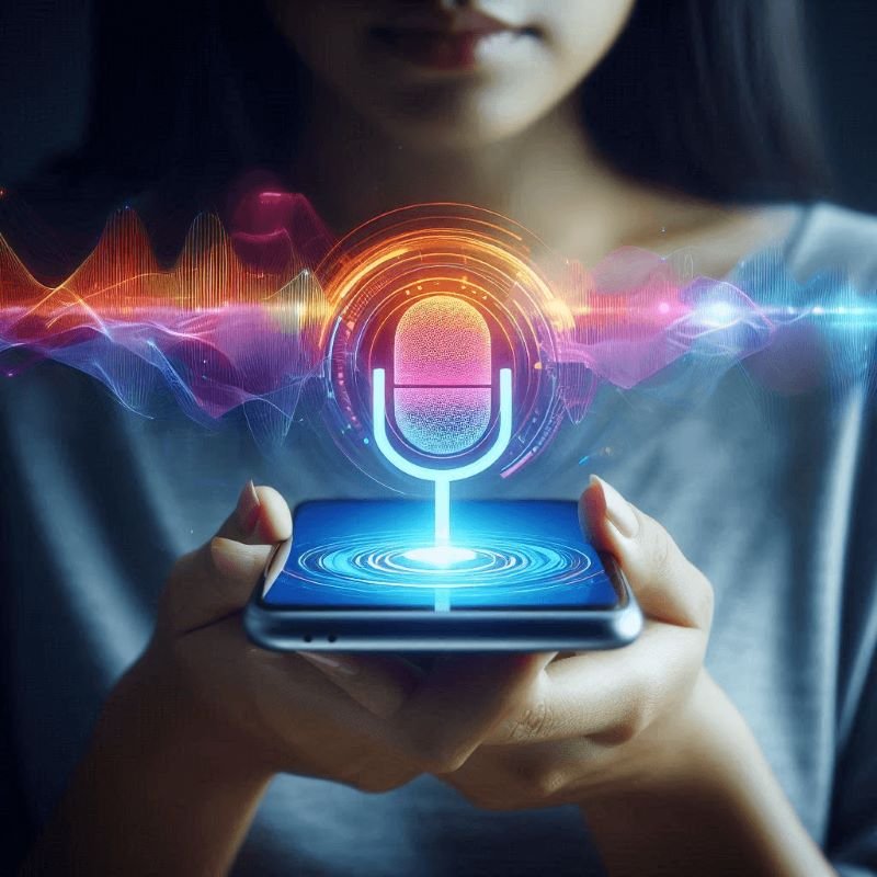 Person holding a smartphone with a glowing voice search icon and colorful sound waves representing advanced voice technology.