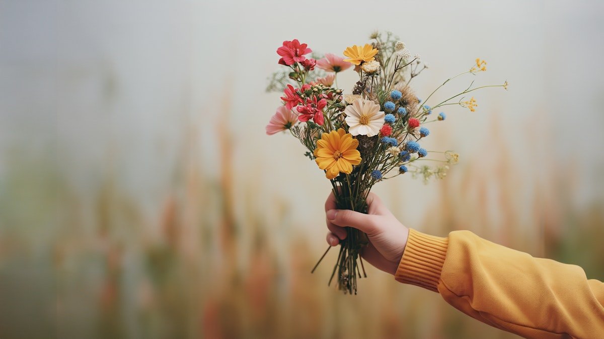 A hand in a yellow sweater holding a colorful bouquet of wildflowers against a soft, blurred background.