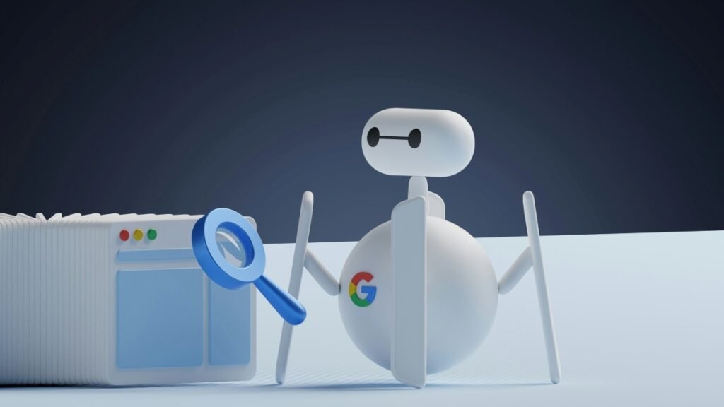 3D illustration of a Google search bot analyzing a website with a magnifying glass, representing SEO crawling and indexing for digital marketing.