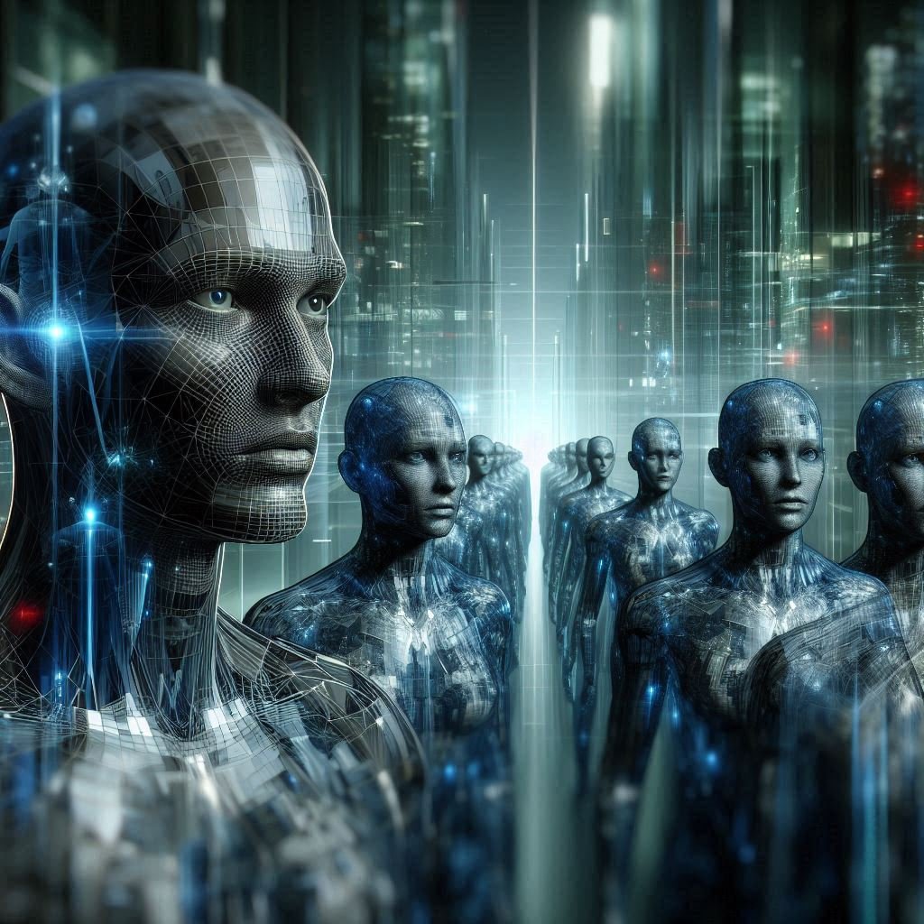 Futuristic AI-powered digital agents in a cybernetic environment, symbolizing the rise of automated search and zero-click searches in the digital era.